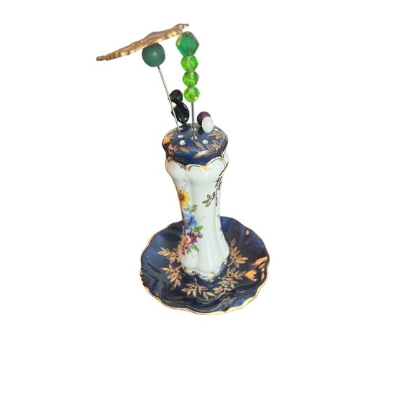 Vintage Limoges French Hat Pin Holder & Ring Tray Navy Floral Gold Porcelain W/ - Picture 2 of 8